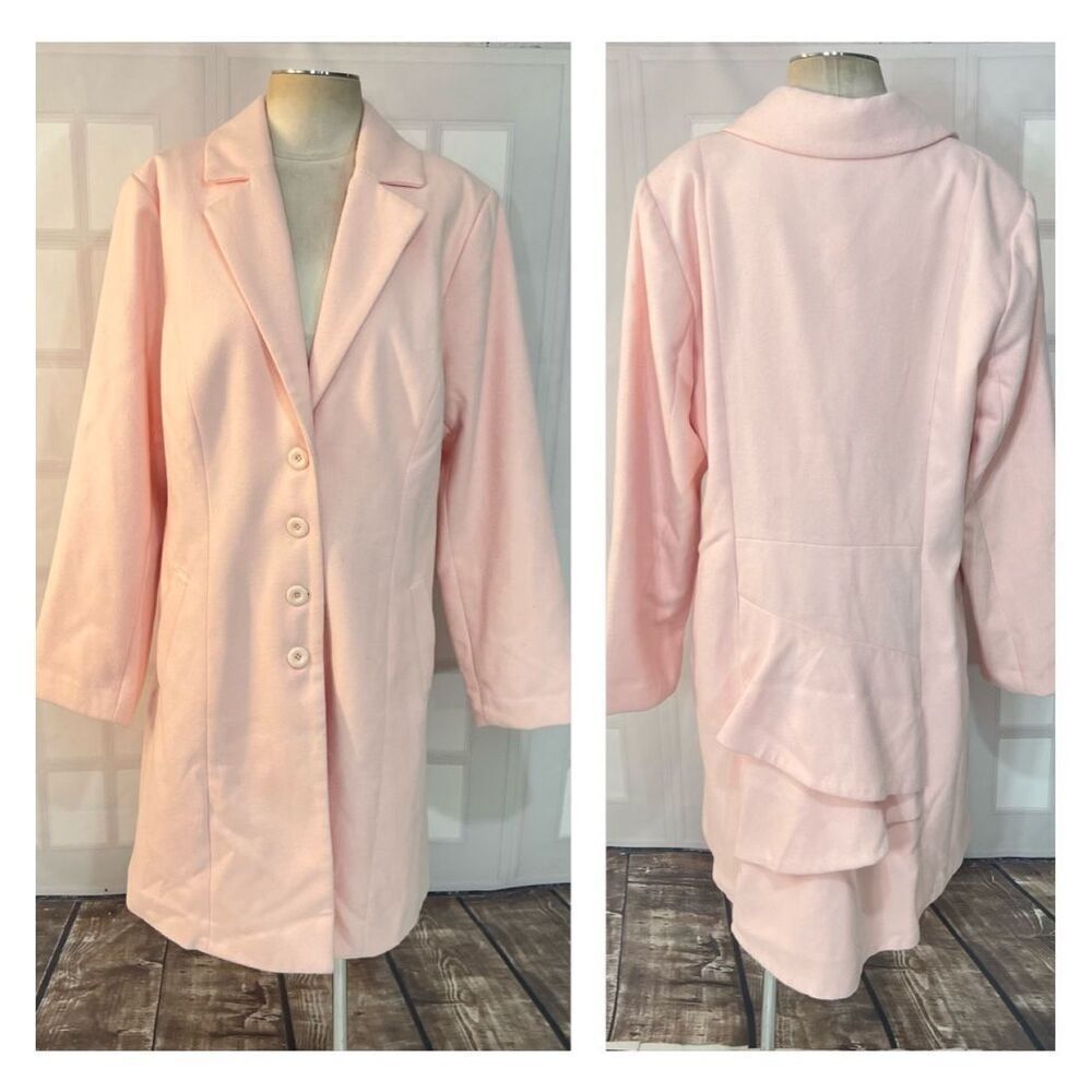 Venus Light Pink Notch Lapel Ruffled Back Lined Long Peacoat Size 16